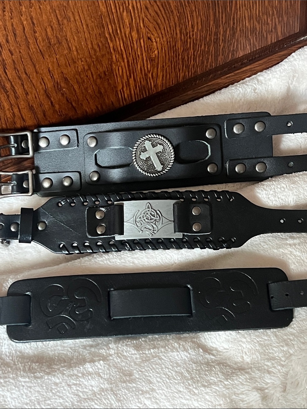 Three wide Leather Cuff Bracelets Silver Studded Goth